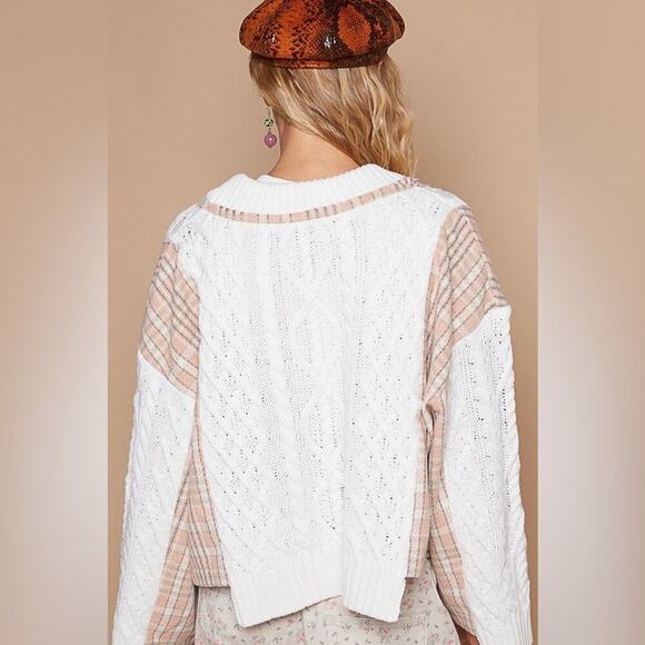 412. POL Women's Cream Pink Plaid Open Cardigan NEW - Picture 3 of 10